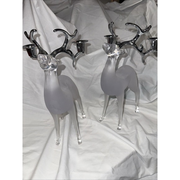 DECOR WALTHER Other - Frosted Acrylic Reindeer Candle Holder w/ Chrome Antlers Holiday Decor (2)